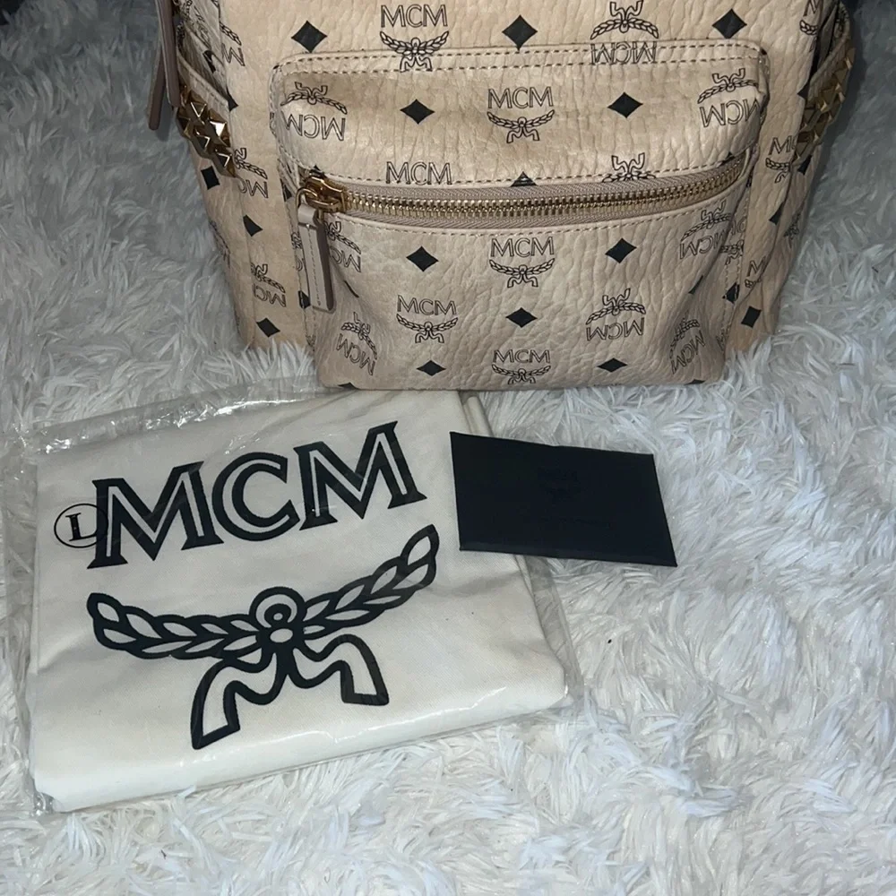 MCM Beige and Black Logo Backpack